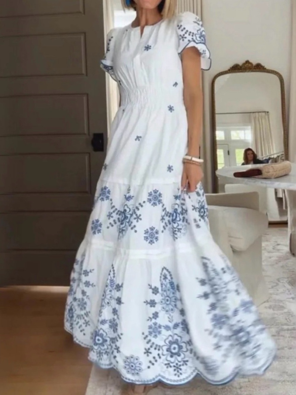 Anthropologie Somerset White & Blue Embroidered Maxi Dress